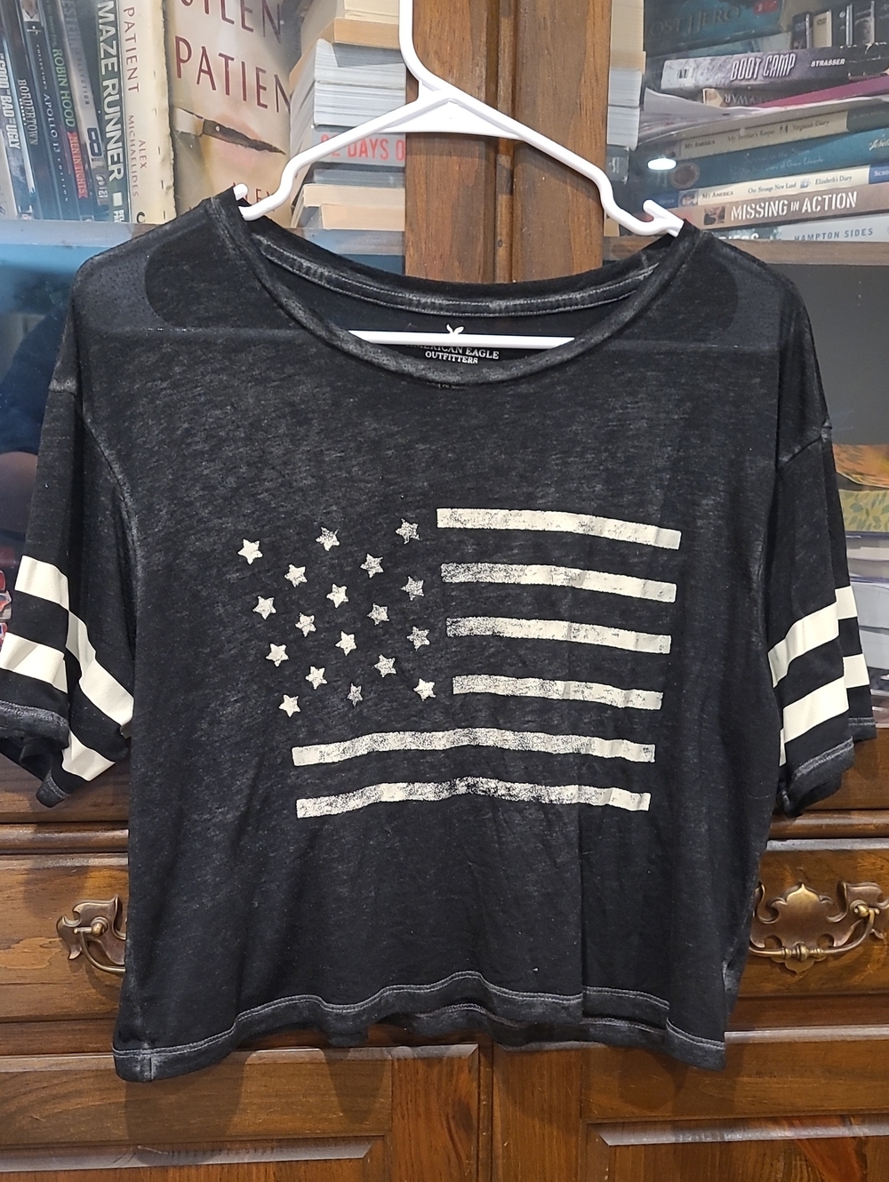 American Eagle Outfitters Sheer Black Tee with White Star Details